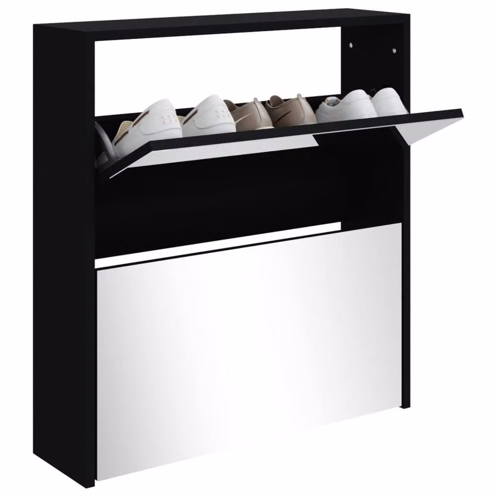 Berkfield Home Modern 2-Layer Shoe Cabinet with Mirror in Black, W/D/H: 63 x 17 x 67 cm – 2