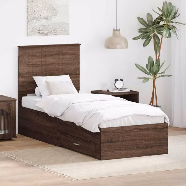 Berkfield Home Modern Bed Frame in Brown Oak and Silver, Engineered Wood, W/D/H: 190 x 70 x 70 cm – 1