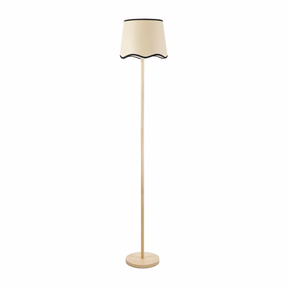 ValueLights Heather Light Wood Single Stem Floor Lamp with Black Scallop Edge Tapered Fabric Shade – 2