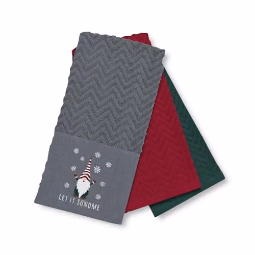 Velosso 3 Pack Christmas Tea Towel Set with Let It Sgnome Design, Absorbent Cotton Kitchen Towels in Green, Red and Grey – 1