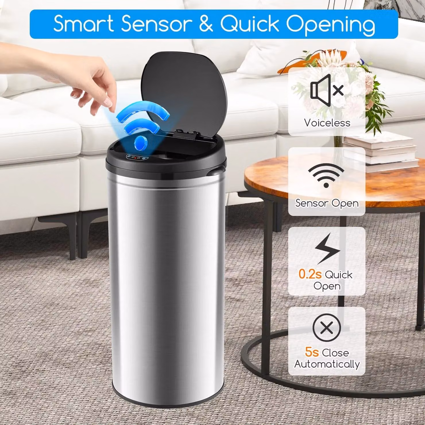 Costway 30L Automatic Motion Sensor Garbage Bin with Stainless Steel Frame in Silver – 3