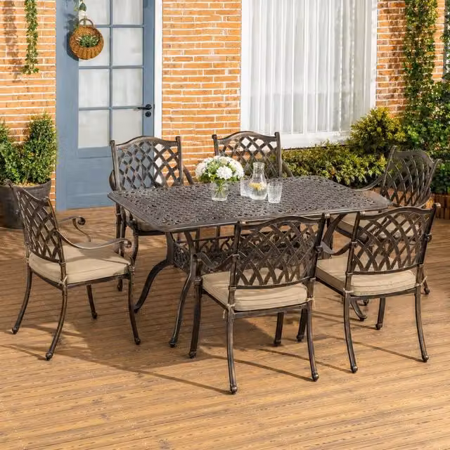 STILVORA Bronze Powder Coated Aluminium Rectangular Dining Set with Parasol Hole and 7 Chairs – 1
