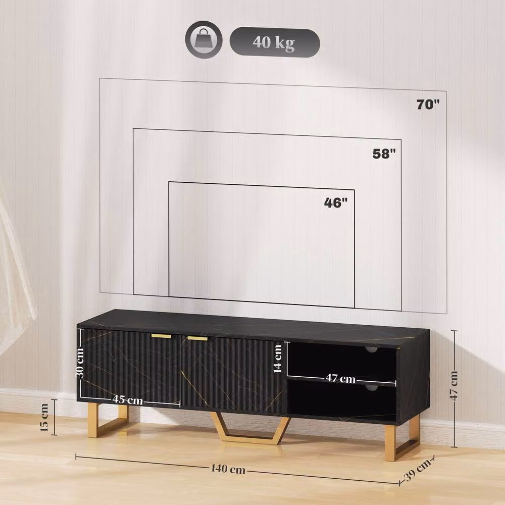 STILVORA Modern TV Stand with 2 Doors and Shelves in Matt Black and Gold Metal – 4