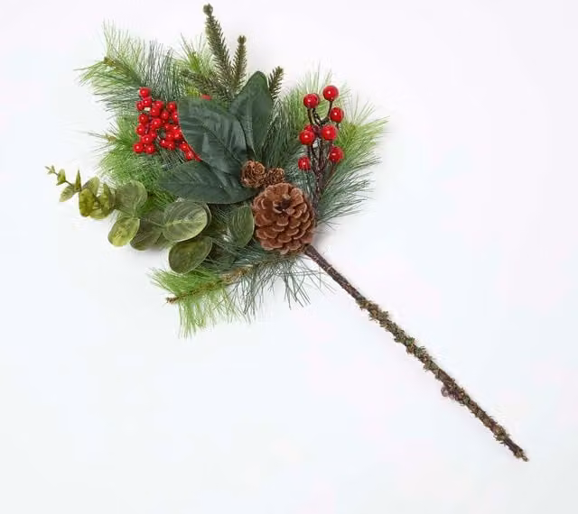 Homescapes Artificial Winter Woodland and Eucalyptus Single Stem Bouquet in Green, Red and Brown