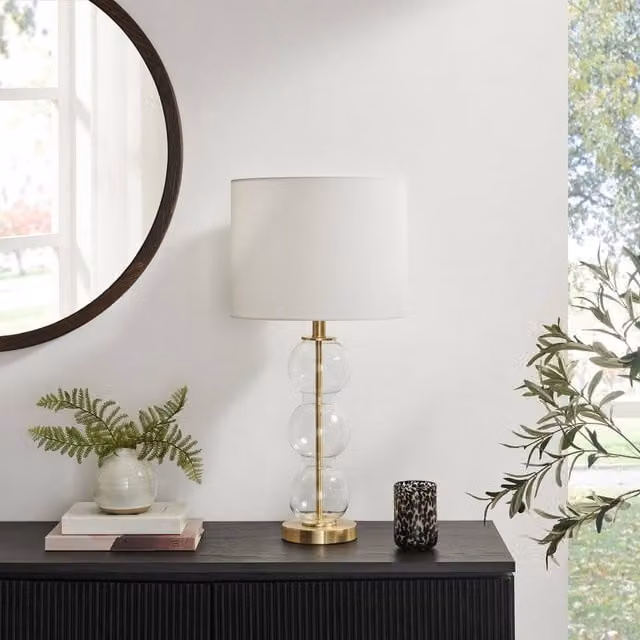 FurnitureboxUK Misha Glass and Brass Bubble Stack Pillar Table Lamp in White and Gold – 1