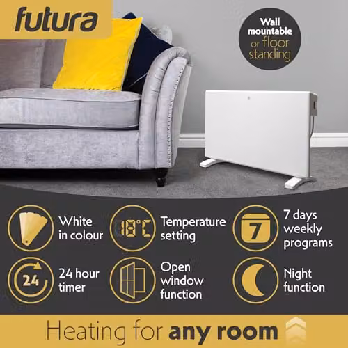 Futura 1500W White Electric Convector Panel Heater, Wall Mounted or Freestanding – 3