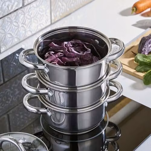 Cooks Professional 3 Tier Stainless Steel Steamer Pan in Silver with Glass Lid, Diameter: 16 cm – 3