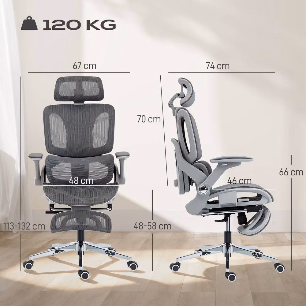 HOMCOM Ergonomic Grey Mesh Office Chair with Headrest and Armrests – 3