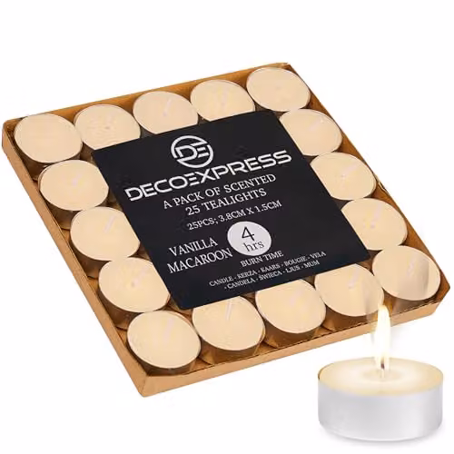 Deco Express Vanilla Macaroon Scented Tealight Candles, 25 Pack, Beige