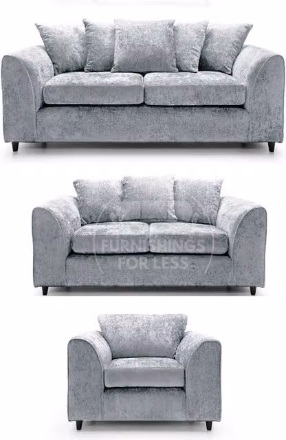 Furnishings For Less UK Monaco Chenille Fabric 3 Piece Sofa Suite in Light Grey, including 3 Seater Sofa, 2 Seater Sofa and Armchair with Scatter Back – 1