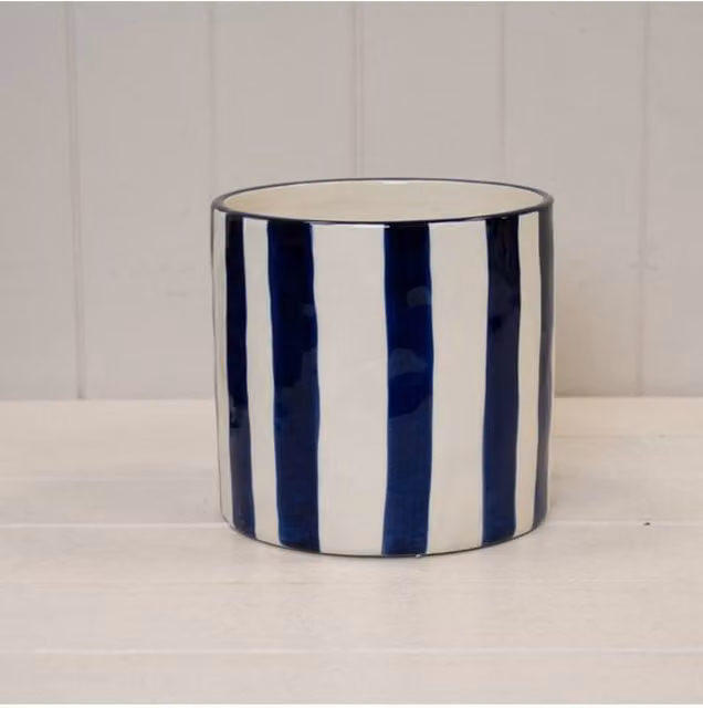 KDMD Blue and White Striped Ceramic Round Tabletop Pot