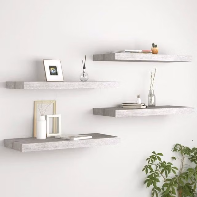 Berkfield Home Set of 4 Floating Wall Shelves in Concrete Grey, W: 60 cm, D: 23.5 cm, H: 3.8 cm