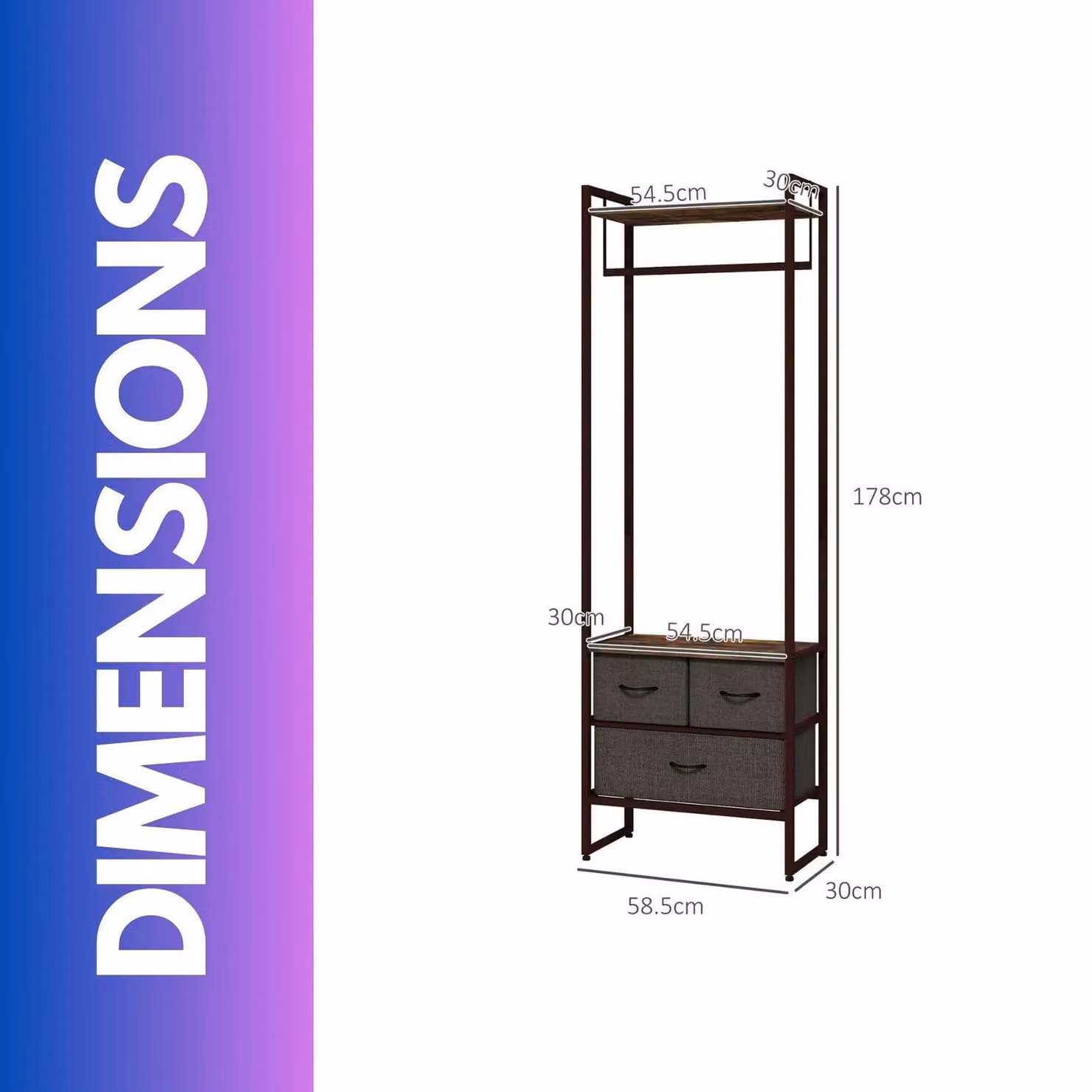 FURNOS Industrial Hall Tree Coat Rack with 3 Fabric Drawers in Brown, H 178 x W 58.5 x D 30 cm – 2