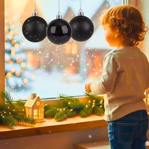 SHATCHI Set of 3 Black Shatterproof PVC Christmas Baubles, 20 cm Round Hanging Ornaments with Glossy, Matt and Glitter Finishes – 6