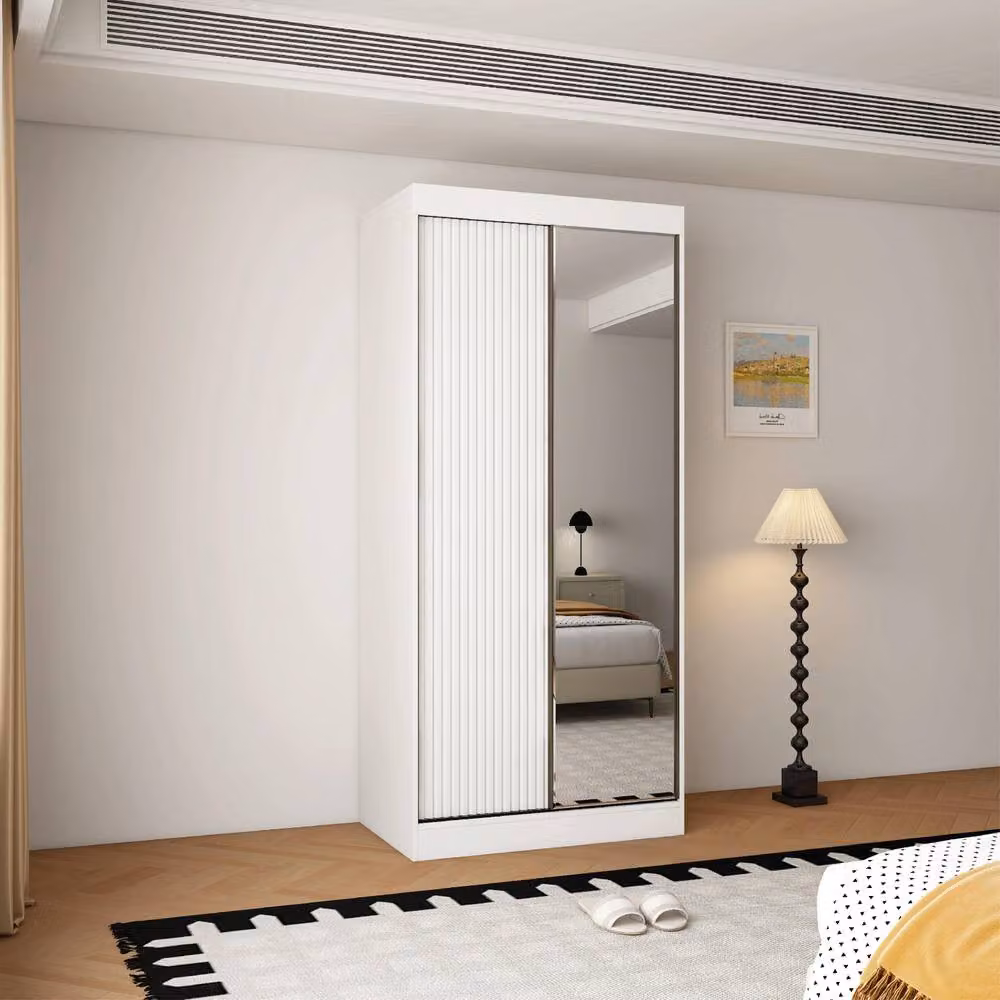 KDMD Berlin 100cm White Matt Sliding Door Wardrobe with Internal Shelves and Hanging Rod – 2