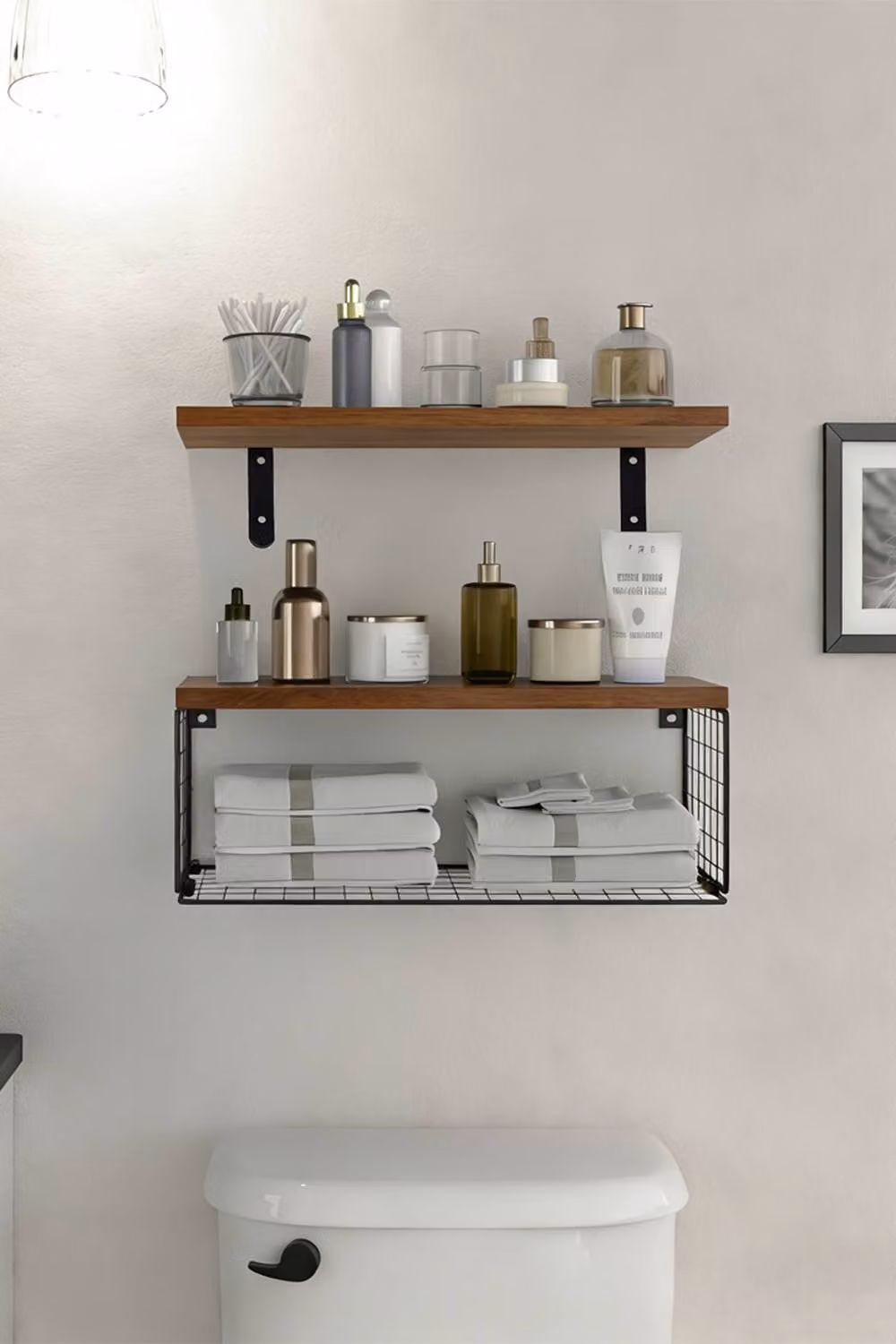Living and Home 4-Tier Wall-mounted Floating Shelves with Wire Storage Basket in Brown – 3