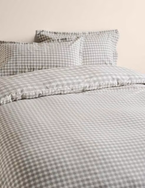 M&S Pure Cotton Reversible Checked Bedding Set, Grey, W: 140 cm, L: 200 cm