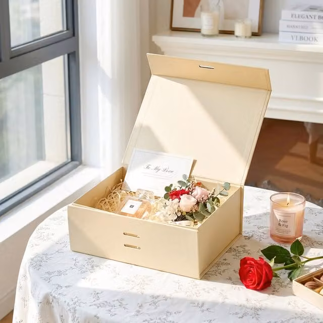 Livingandhome Set of 6 Magnetic Foldable Gift Boxes with Ribbons in Sandy Yellow