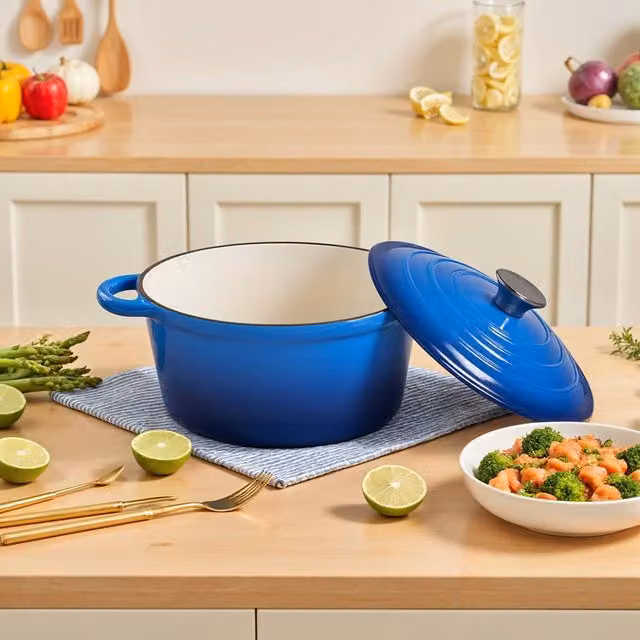 Living and Home Blue Enamelled Cast Iron Dutch Oven Casserole Pot with Lid, 4L/2.7L – 1