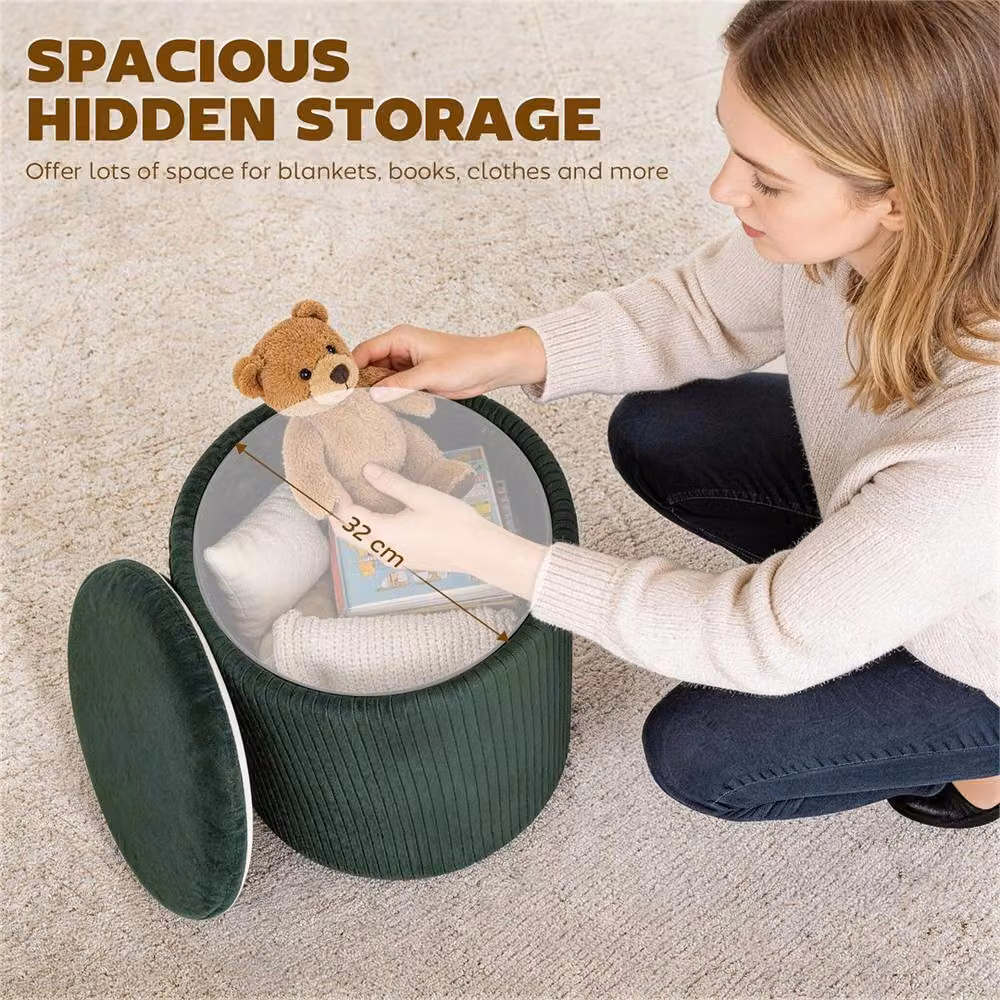 EONLION Round Storage Ottoman in Dark Green with Removable Cover, Diameter: 100 cm – 4