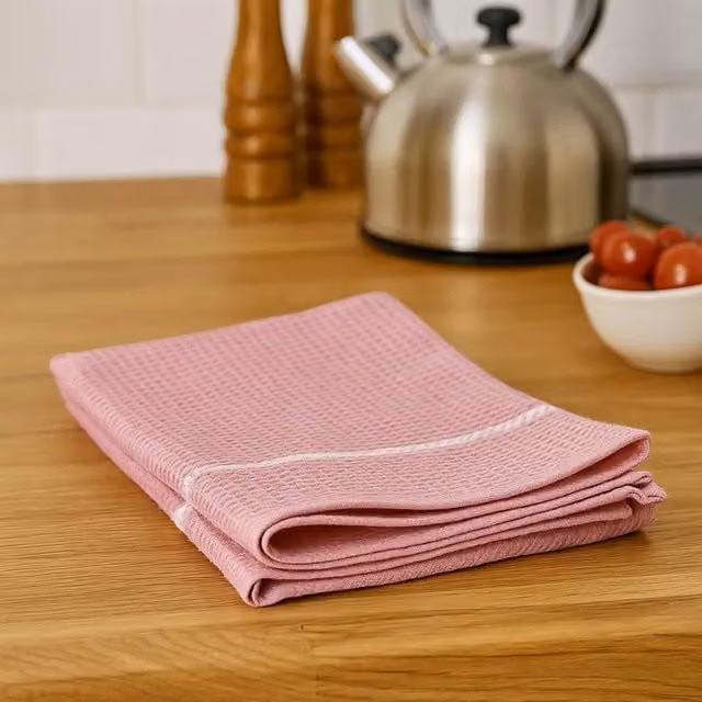 Doro Set of 3 Highly Absorbent Pink and White Waffle Pique Cotton Tea Towels
