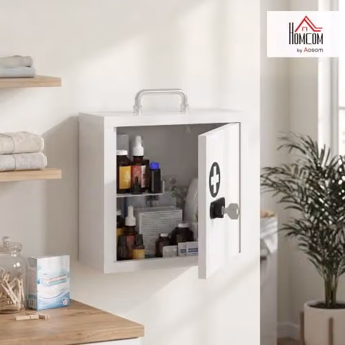 HOMCOM Wall Mounted White Metal Medicine Cabinet with Combination and Key Lock, W/D/H: 30 x 14 x 30 cm – 2