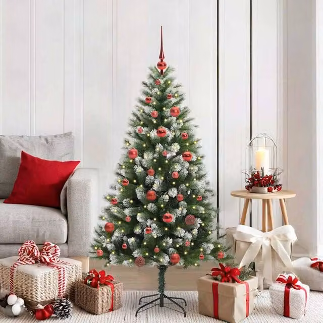Berkfield Home Artificial Hinged Christmas Tree with Flocked Snow, Green, Height: 150 cm