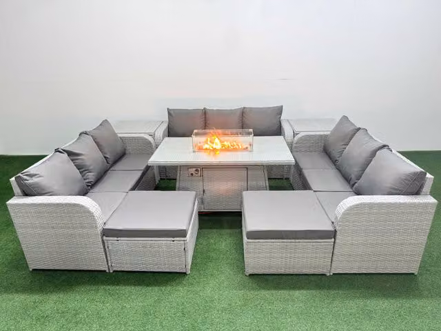 Fimous 11 Seater PE Rattan Outdoor Garden Lounge Sofa Set with Firepit Dining Table, 3 Seater Sofa, 2 Big Footstools and 2 Side Tables in Light Grey