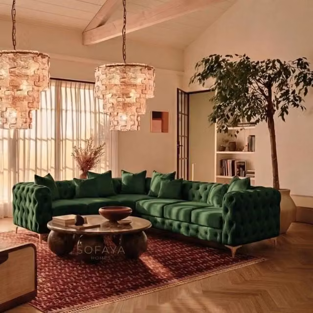 Sofaya Monaco Chesterfield 6 Seater Left Hand Corner Chaise Sofa in Green Velvet – 1