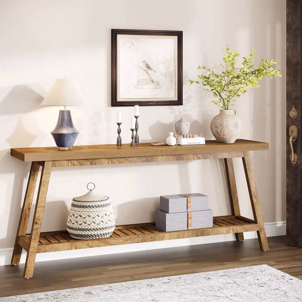 EONLION 2-Tier Farmhouse Long Console Table in Brown, Width: 100 cm – 4
