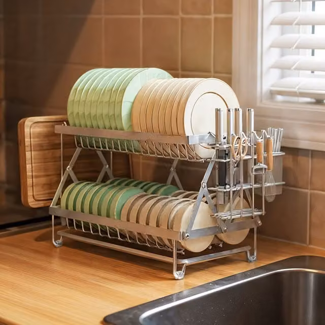 Lifeideas 2-Tier Stainless Steel Dish Drainer with Drip Tray and Cutlery Holder, Silver