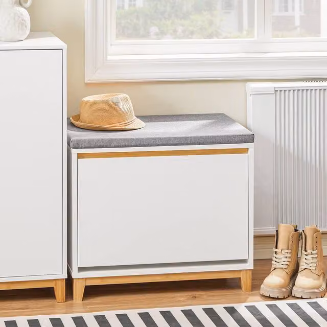 SoBuy Modern Slim Shoe Rack in White and Grey with Bamboo Trim