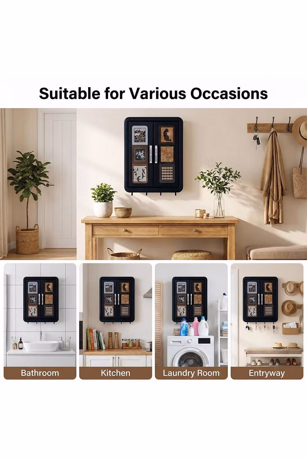 Garden Sanctuary Mid-Century Wall-Mounted Black Bathroom Storage Cabinet with Hinged Doors and Internal Shelves – 2