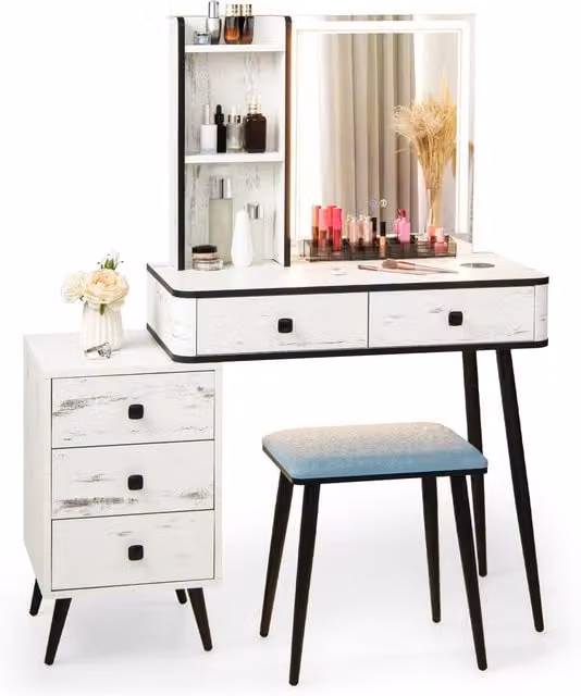Gymax White Vanity Table Set with Stool and 3-Colour LED Hollywood Mirror – 1