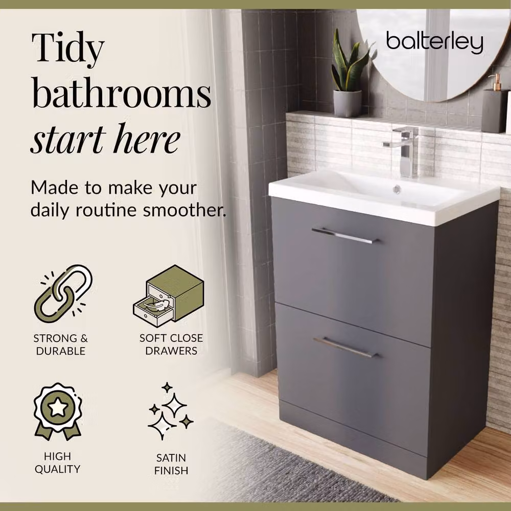 Balterley Modern Floor Standing Bathroom Vanity Unit with 2 Soft Close Drawers and Mid-Edge Basin, Grey, W/D/H: 61 x 39 x 84 cm – 4