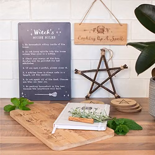 Something Different Witch's House Rules Metal Wall Sign, Black and White, W/H: 30.0 x 20.0 cm – 2