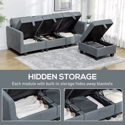 HOMCOM Convertible Modular L-Shape Sectional Sofa with Storage and Sleeping Function, Grey Fabric Upholstery with Solid Wood Frame – 4