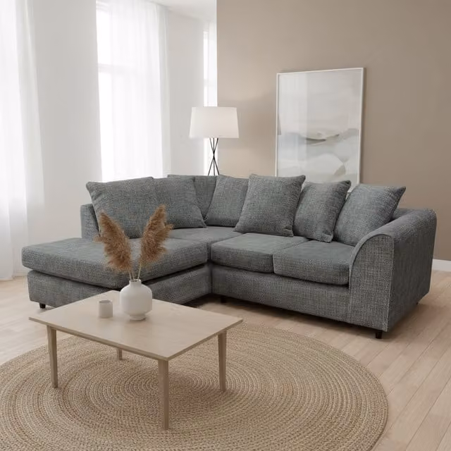 Abakus Direct Jumbo Left-Hand Corner Sofa in Grey Soft Chenille with Plush Chaise Extension and Scatter Cushions