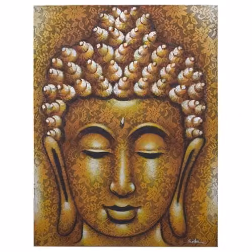 KDMD Buddha Portrait Painting with Gold Brocade Detail in Yellow