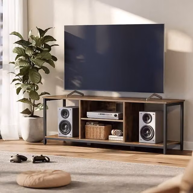 VASAGLE Industrial Long TV Cabinet with Open Shelves, Brown, W: 147 cm, D: 40 cm