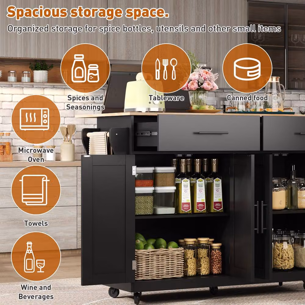 Merax Kitchen Island Trolley with Folding Tabletop and Changeable Wheels and Feet, Black, H 91.5 x W 120 x D 46 cm – 4