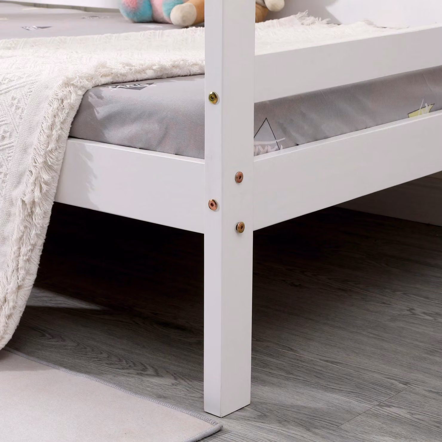 SlumberWorx Teddy Kids Wooden House Treehouse Single Bed Frame in White and Grey, Solid Pine Wood, 90 x 190 cm – 3