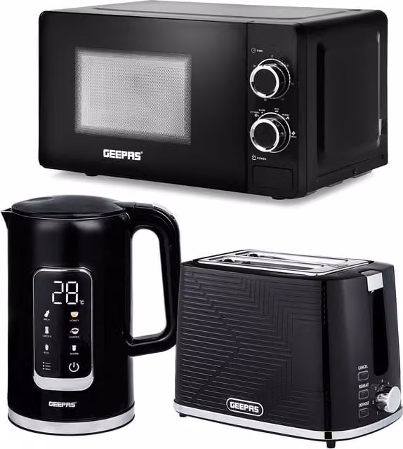 Geepas Kitchen Combo Set in Black featuring 1.7L Digital Electric Kettle, 2 Slice Bread Toaster and 20L Solo Microwave – 1