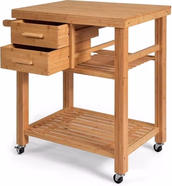 Costway Rolling Bamboo Kitchen Island Cart Trolley with Drawers and Shelves in Natural