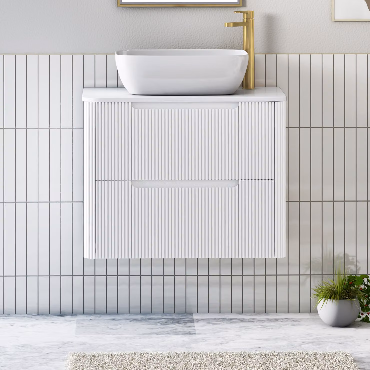 Royal Bathrooms Avenza Matt White Wall Hung Vanity Unit with 2 Drawers and Elva Basin, Width: 70 cm
