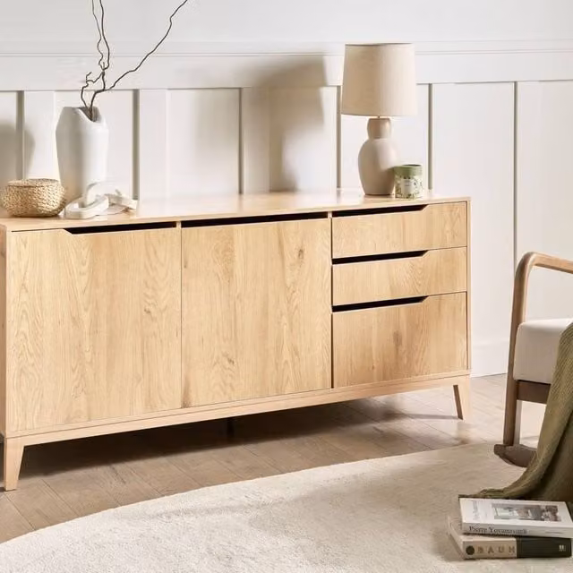 Wyld and Coco Nordic Scandinavian Sideboard in Light Brown with 2 Doors and 3 Drawers, W/D/H: 160 x 45 x 75 cm – 1