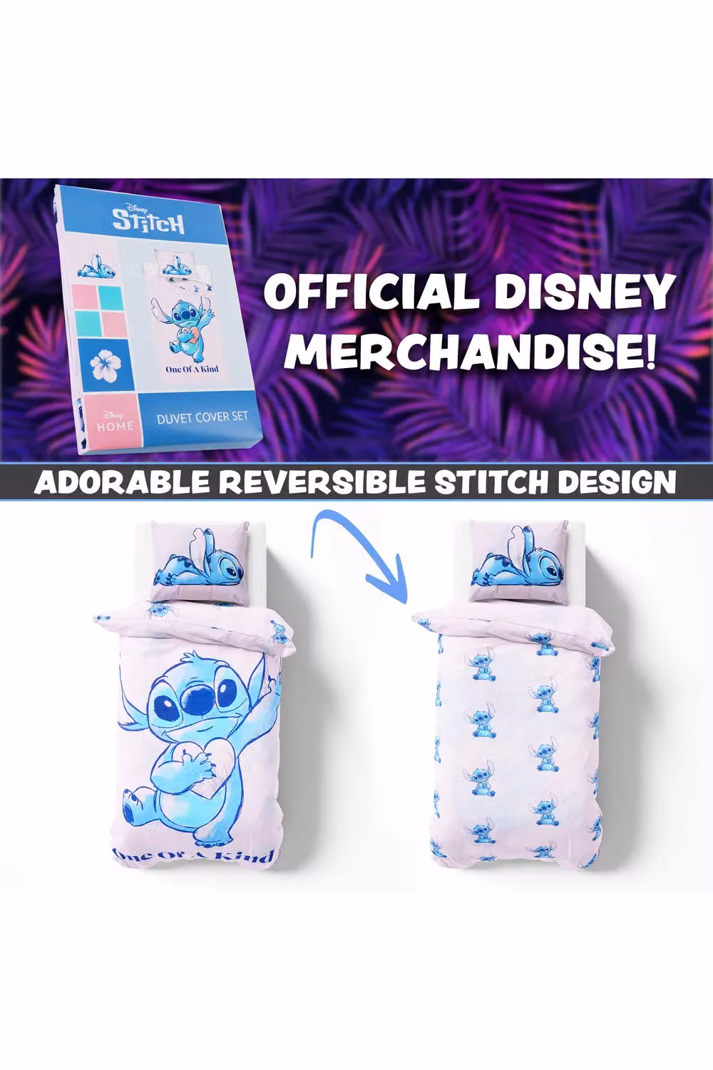 Disney Stitch Pink and Multicolour Duvet Cover and Pillowcase Set for Kids and Teenagers, W/D/H: 135 x 200 cm – 6