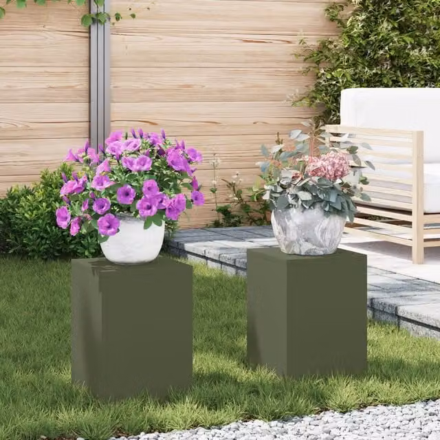 Berkfield Home Outdoor Plant Stand Pillar Set of 2, Green Steel, W/D/H: 24 x 24 x 35 cm