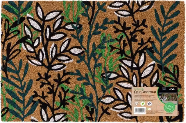 JVL Brown Floral Natural Coir Entrance Doormat with Non-Slip Rubber Backing