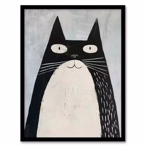 Artery8 Tuxedo Cat Framed Wall Art Print, Black and White Illustration, A4 – 1